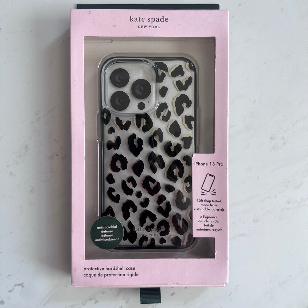 Kate Spade iPhone 13 Pro Phone Case Clear Black Gold Leopard Print New